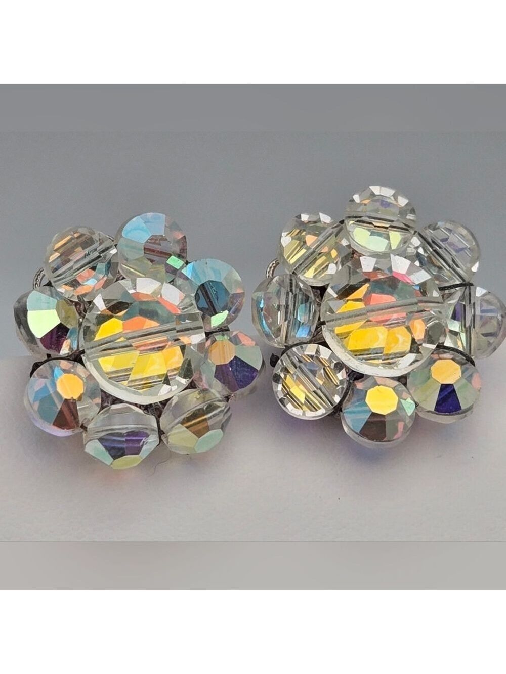 Vintage Aurora Borealis AB Crystal Flower Clip-On Earrings Silver-Tone Handmade